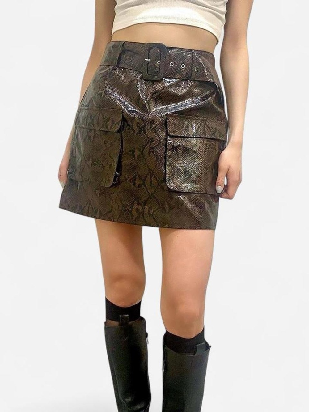 Boohoo Brown Faux Snake-Print Cargo Mini Skirt with Belt NWT